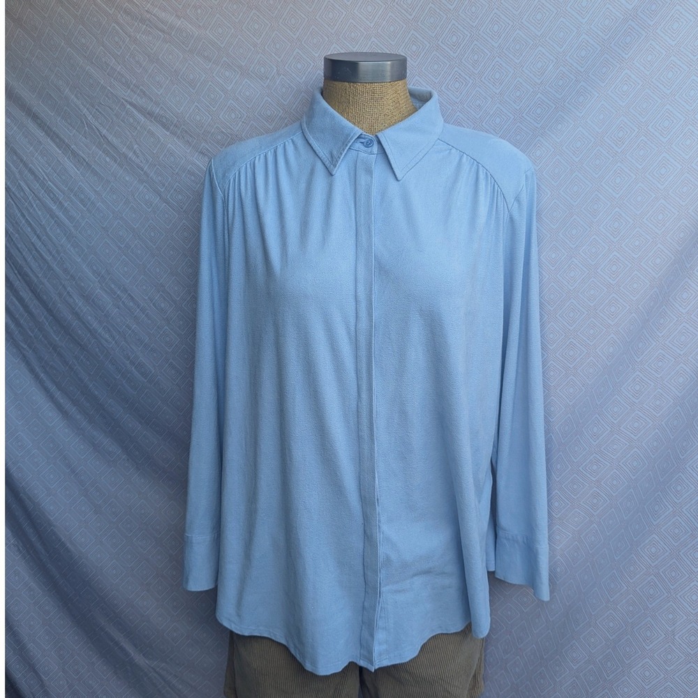 Chico's Button Down Shirt Women 2 Light Blue Excellent Faux Suede Long Sleeve